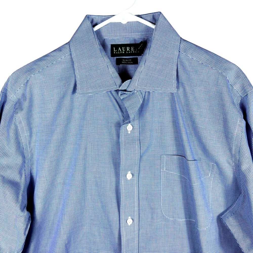 Ralph Lauren Mens Blue Gingham Slim Fit Non Iron Dress Shirt 17 34 35 - Picture 3 of 7